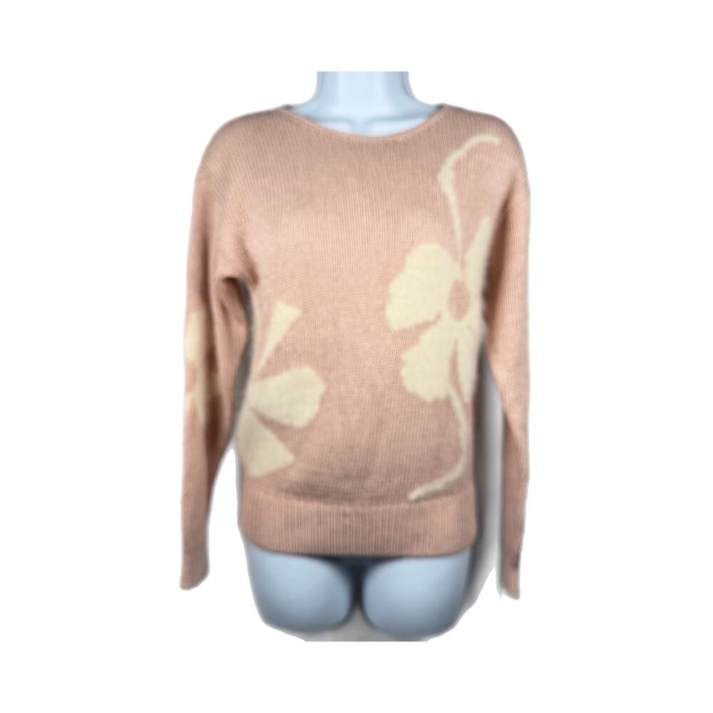 Vintage Bonwit Teller Sweater Womens Small Pink Floral Knit Pullover Angora